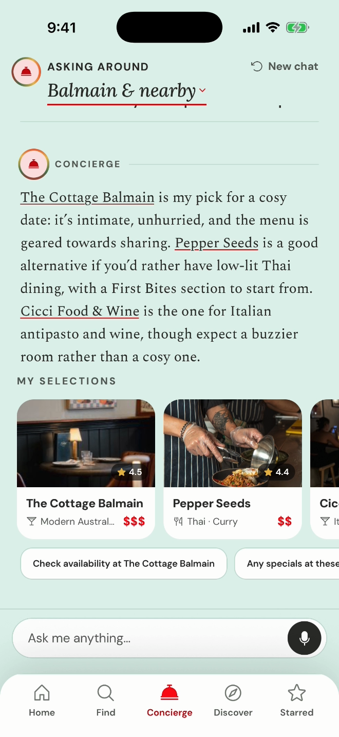 The Concierge answering a question about a cosy date spot with small plates in Balmain, with place cards under the answer