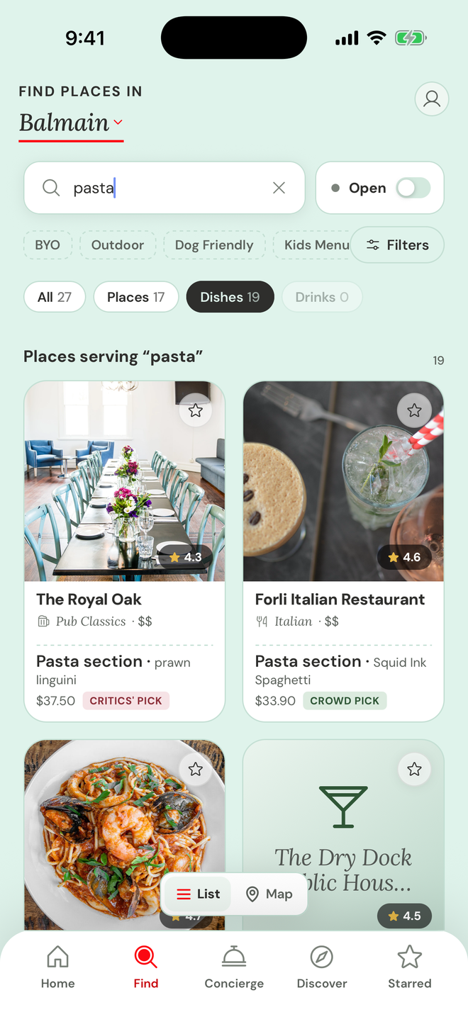 Find, searching for a dish in Balmain, with the dishes, their prices and the places doing them
