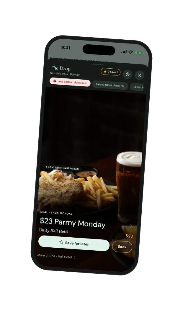 The Drop: this week's new specials, one full-screen card at a time; here Unity Hall's $23 Parmy Monday